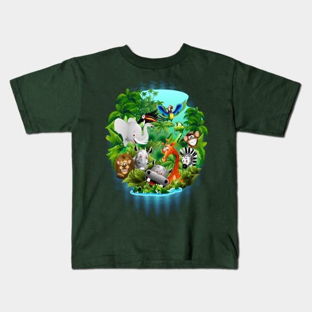 Wild Animals Cartoon on Jungle Kids T-Shirt by BluedarkArt